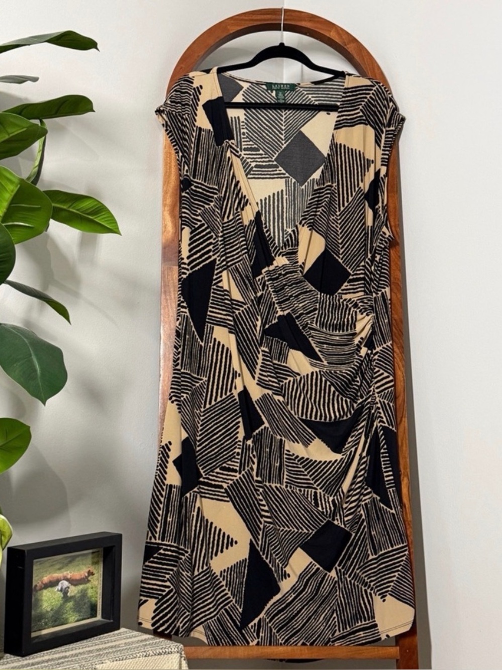 Lauren Ralph Lauren 3X Tan Black Geometric Faux Wrap Jersey Knit Dress